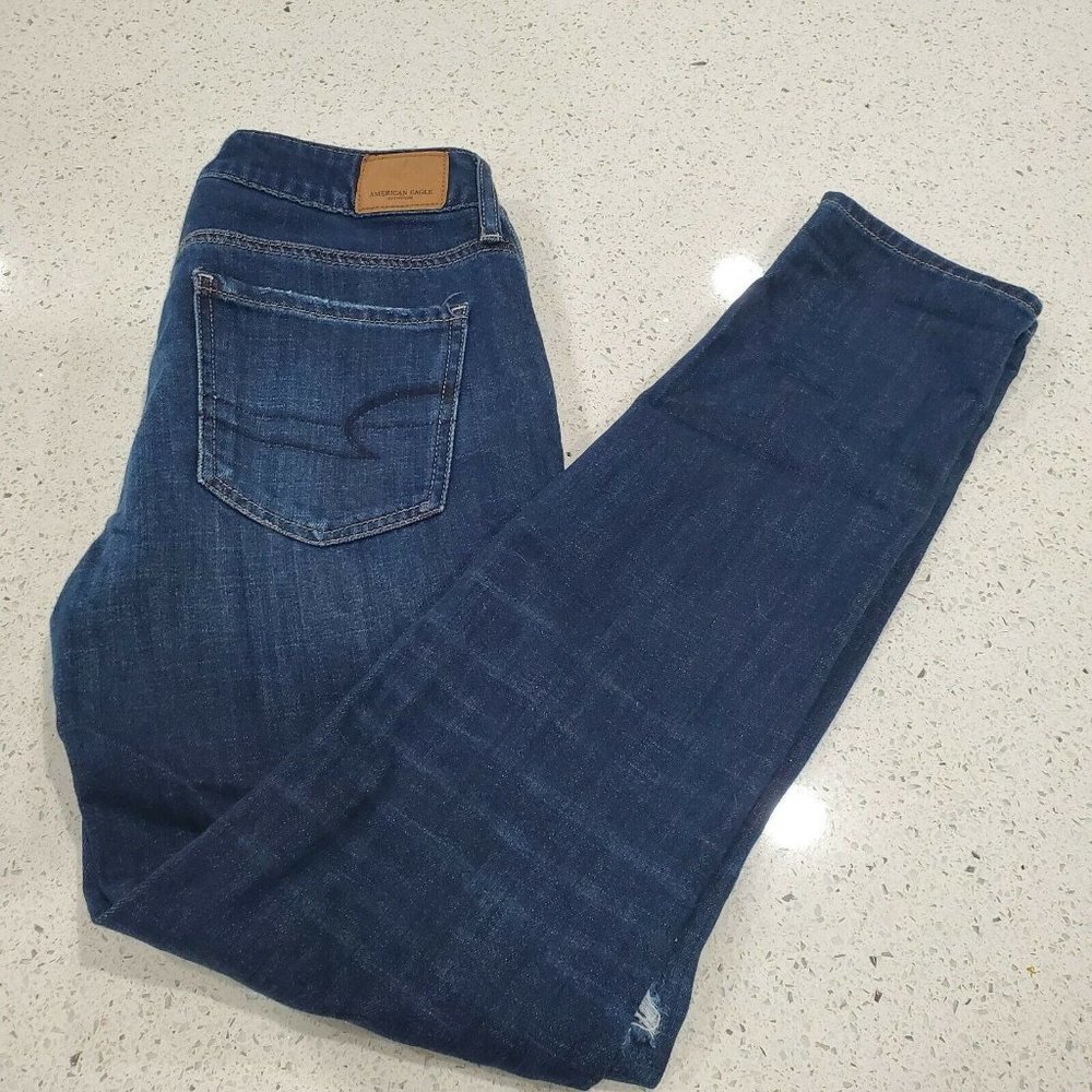 American Eagle Dark Blue Ripped Tomgirl Jeans Button Fly Size 0 Regular